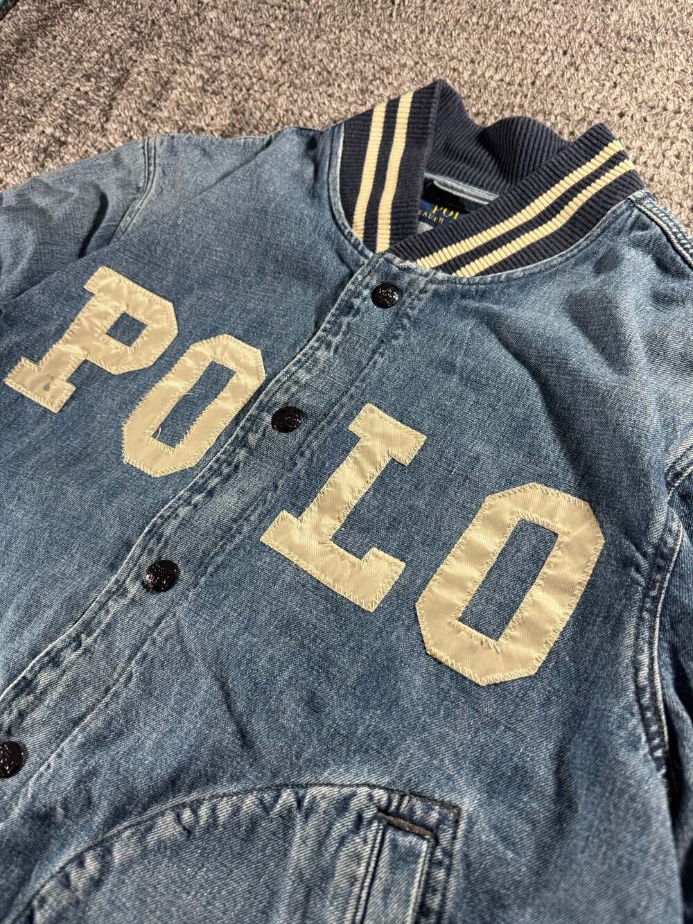 Polo Ralph Lauren Spell Out Varsity Denim Bomber Jacket